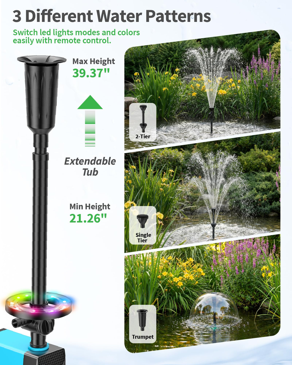 Fontaine de bassin avec éclairage RVB – Débit d'eau de jour comme de nuit