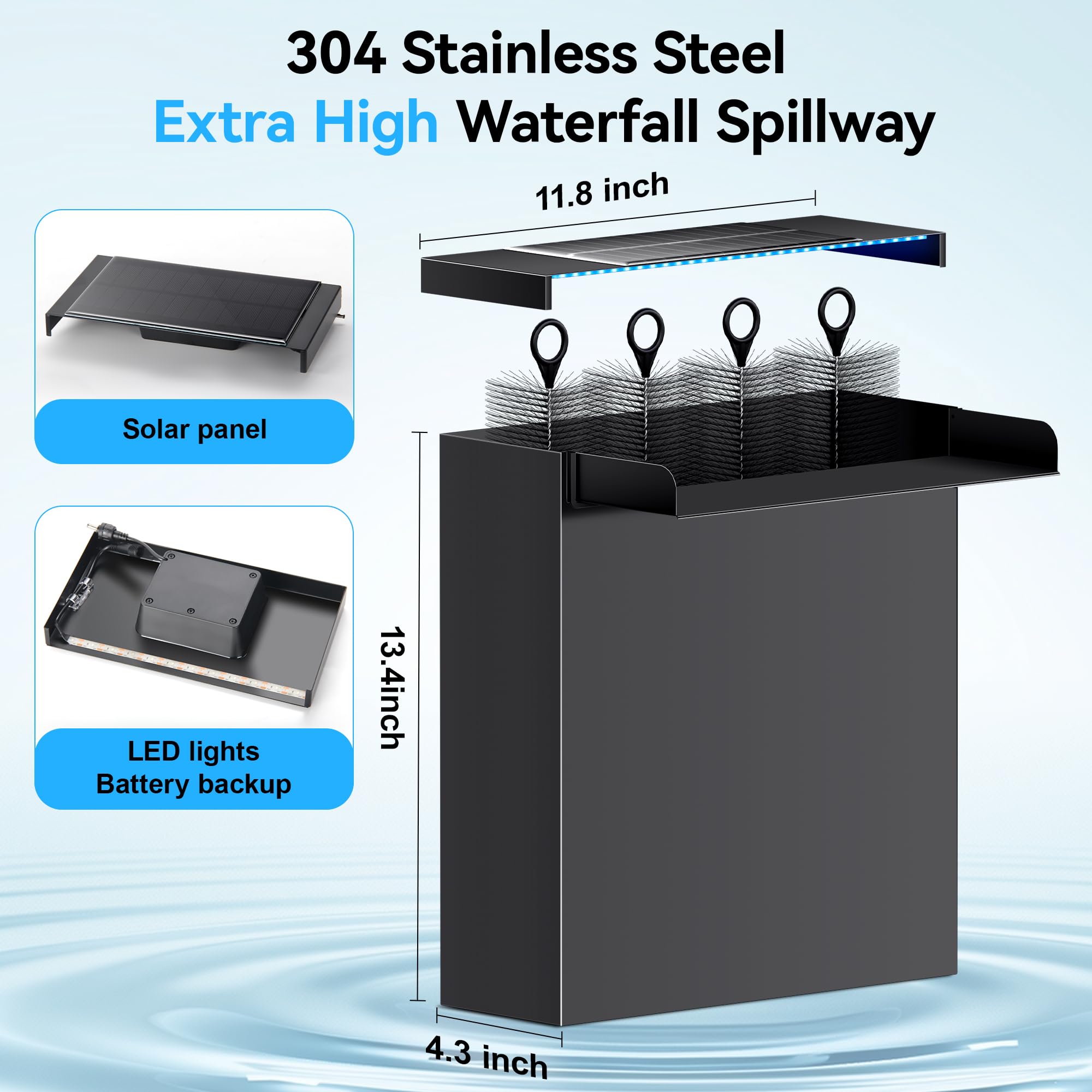 Kit de pompe électrique pour cascade 40 W 660 GPH avec déversoir 12" x 13,4" (LED)