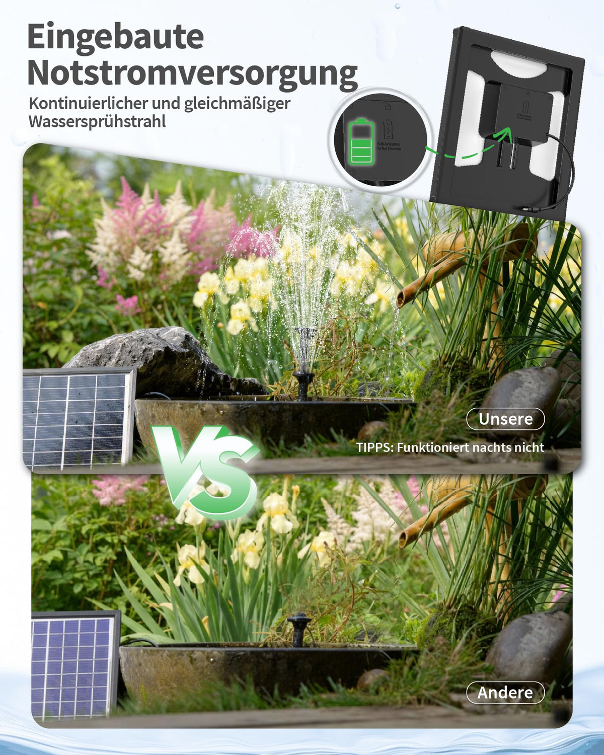 Fontaine solaire 6,5 W avec filtre de bassin et batterie