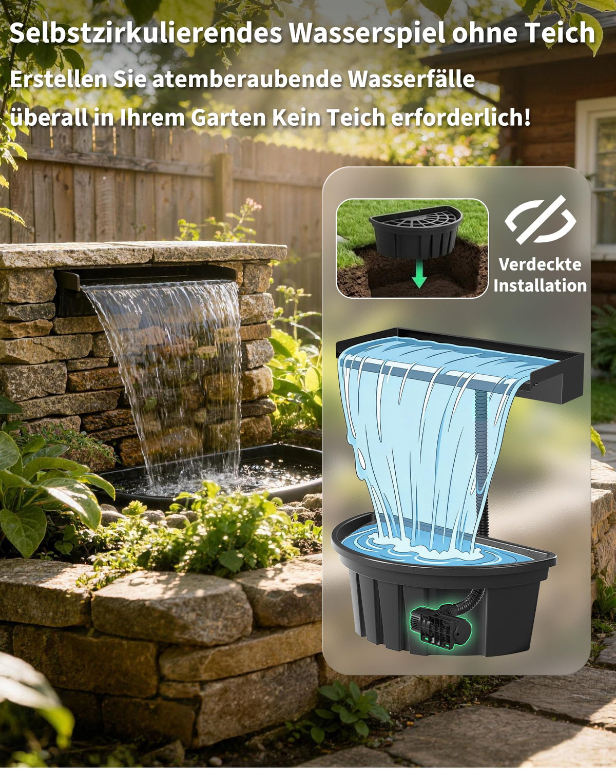 Kit cascade de bassin, jeu d'eau en circuit fermé 6000 l/h