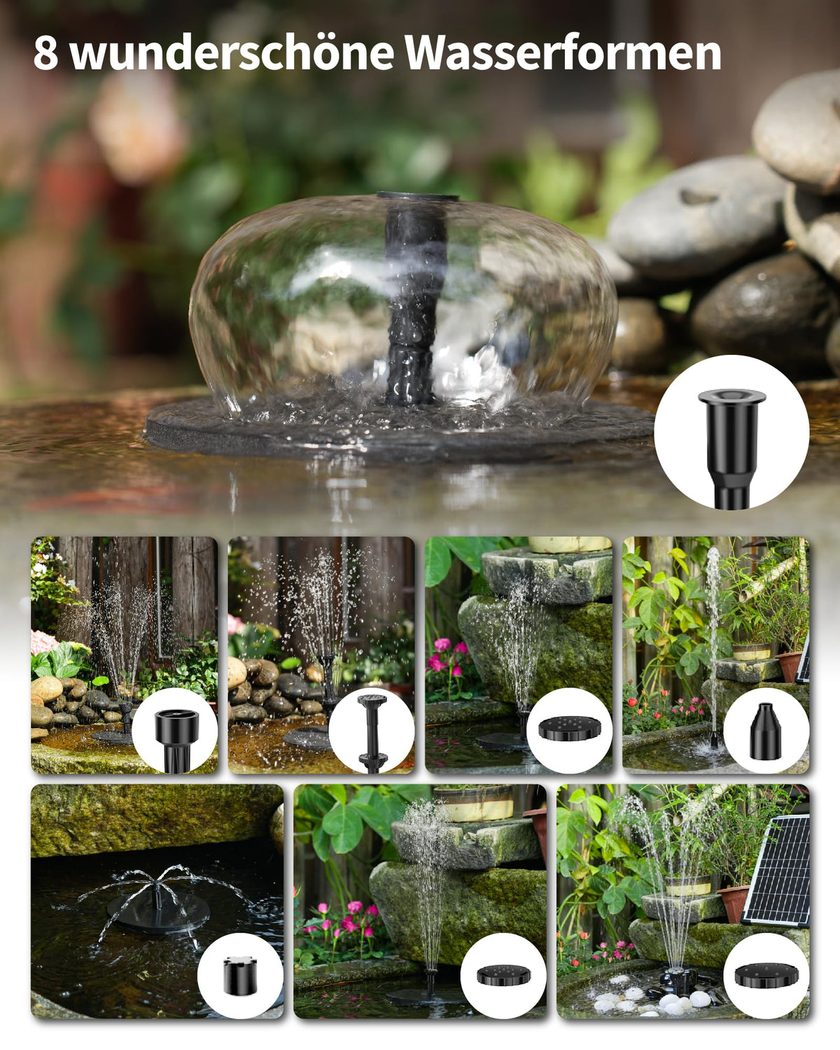 Pompe de fontaine solaire 12 W avec batterie, fonctionnement jour et nuit
