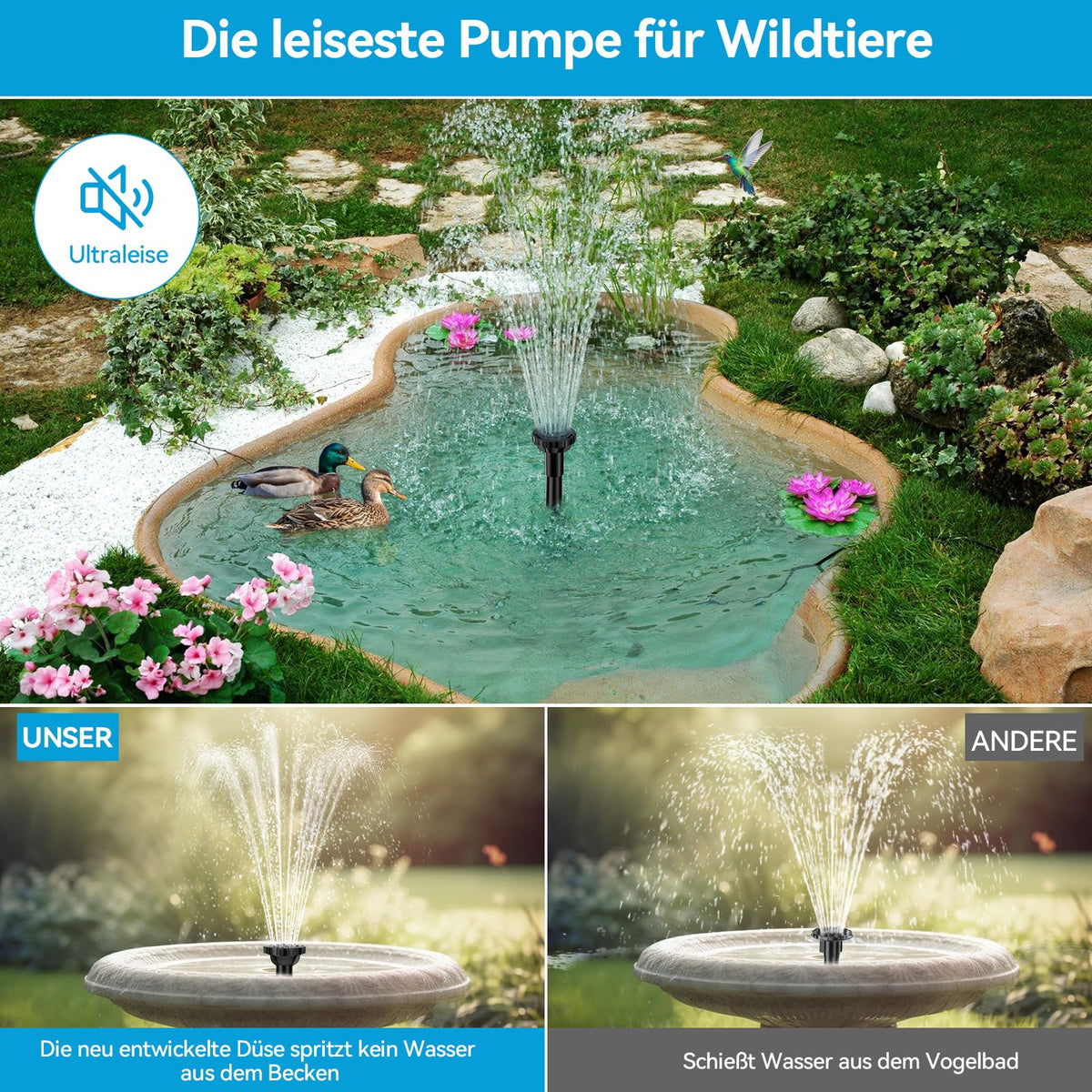 Pompe de fontaine solaire de 8 W pour bain d'oiseaux avec batterie