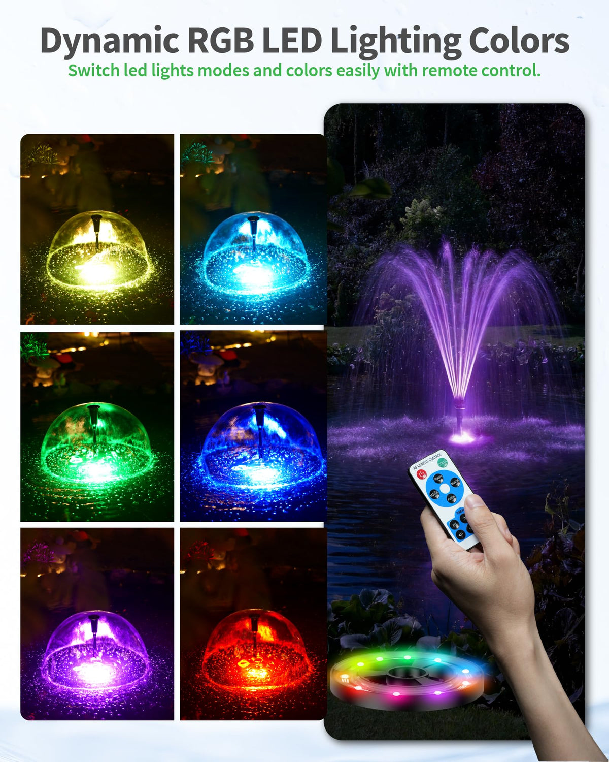 Fontaine de bassin avec éclairage RVB – Débit d'eau de jour comme de nuit
