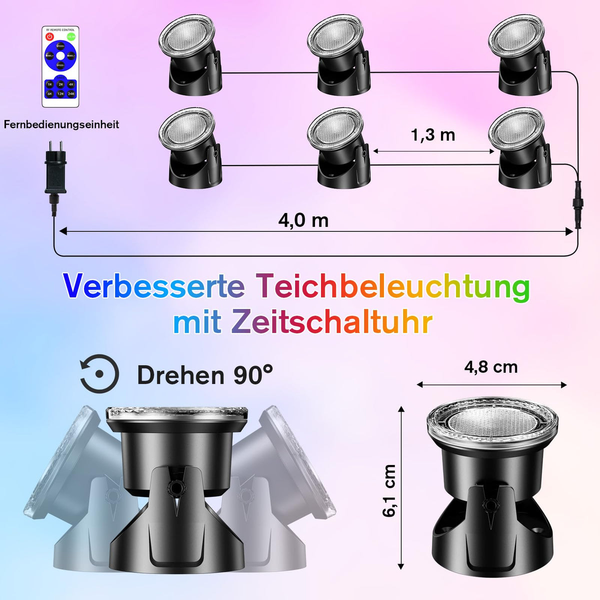 Lampes de bassin sous-marines RVB avec minuterie, 20 couleurs réglables [Classe énergétique C]