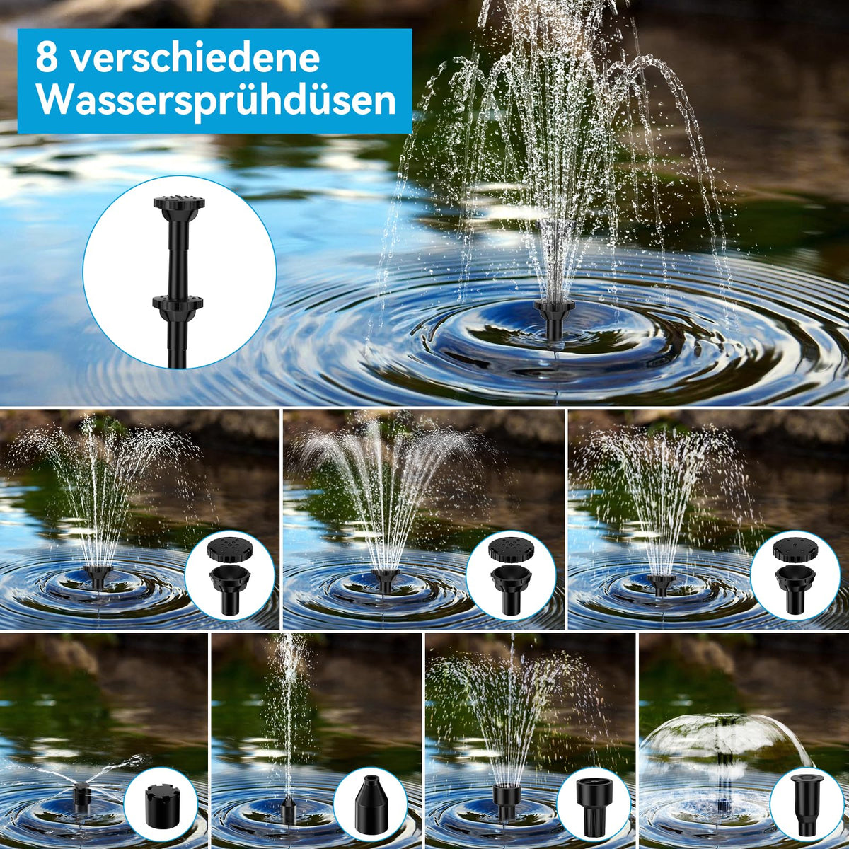 Pompe de fontaine solaire de 8 W pour bain d'oiseaux avec batterie