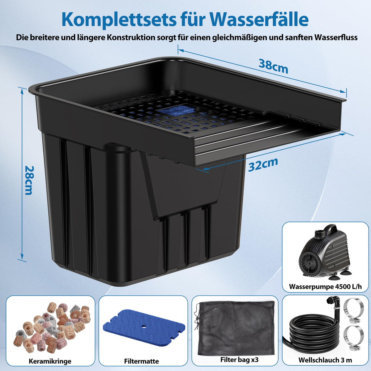 Cascade extérieure avec système de filtration pour bassins de jardin
