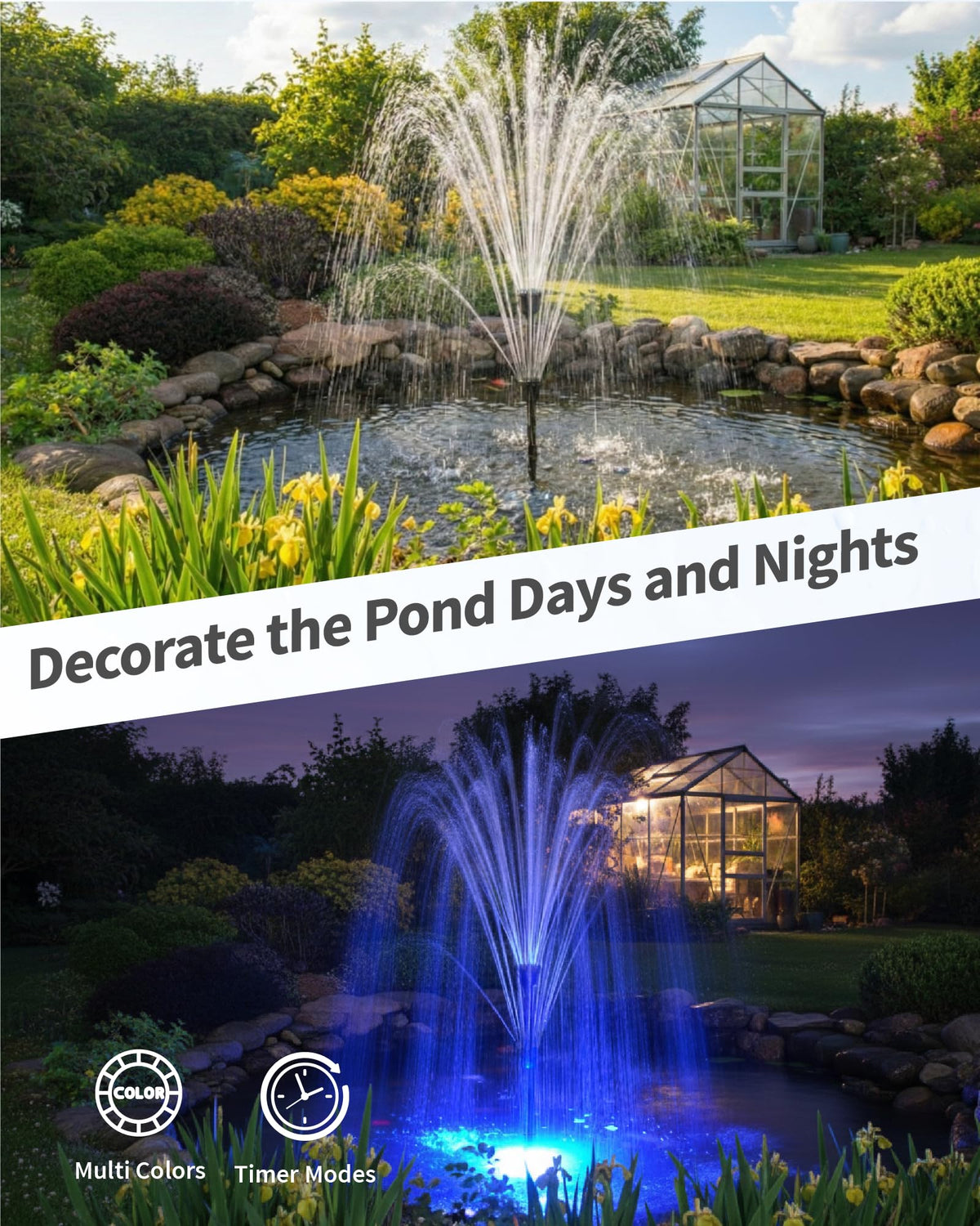 Fontaine de bassin avec éclairage RVB – Débit d'eau de jour comme de nuit