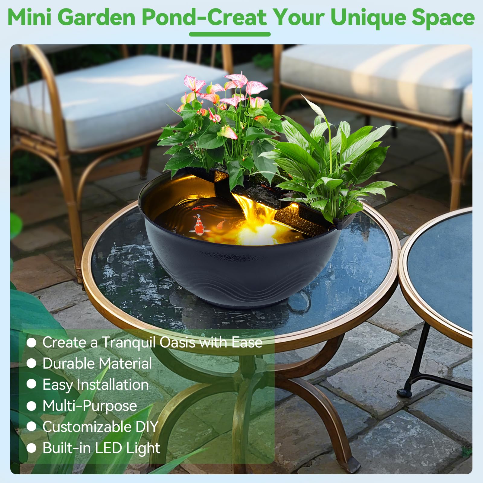 Mini bassin de jardin aquatique avec cascade et éclairage LED 