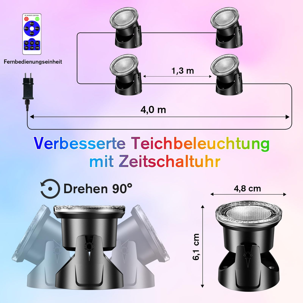 Spots LED RGB submersibles pour bassin avec minuteur, 20 couleurs à intensité variable [Classe énergétique C]
