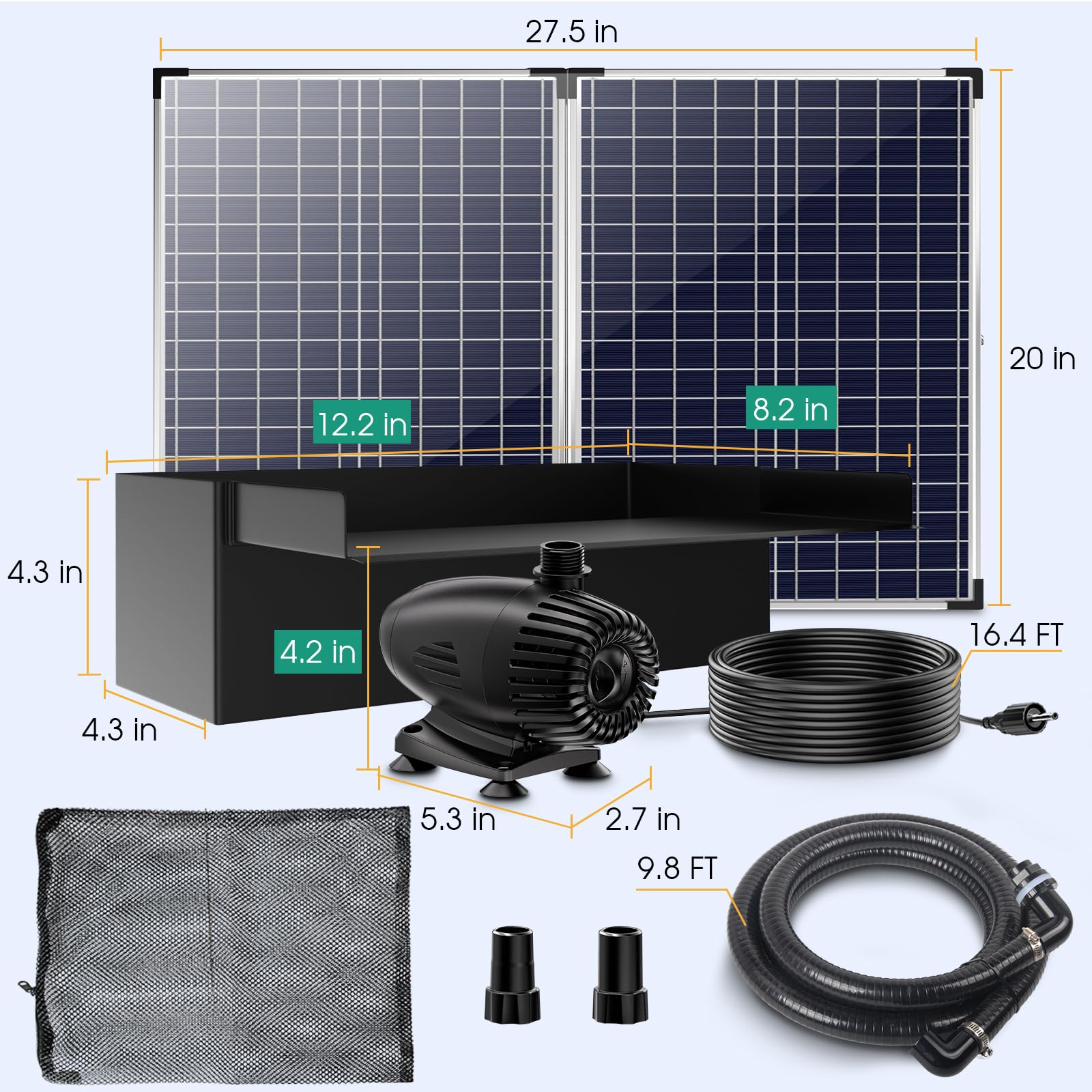 Kit de pompe solaire cascade 70 W 580 GPH avec déversoir 12" x 4,3" 