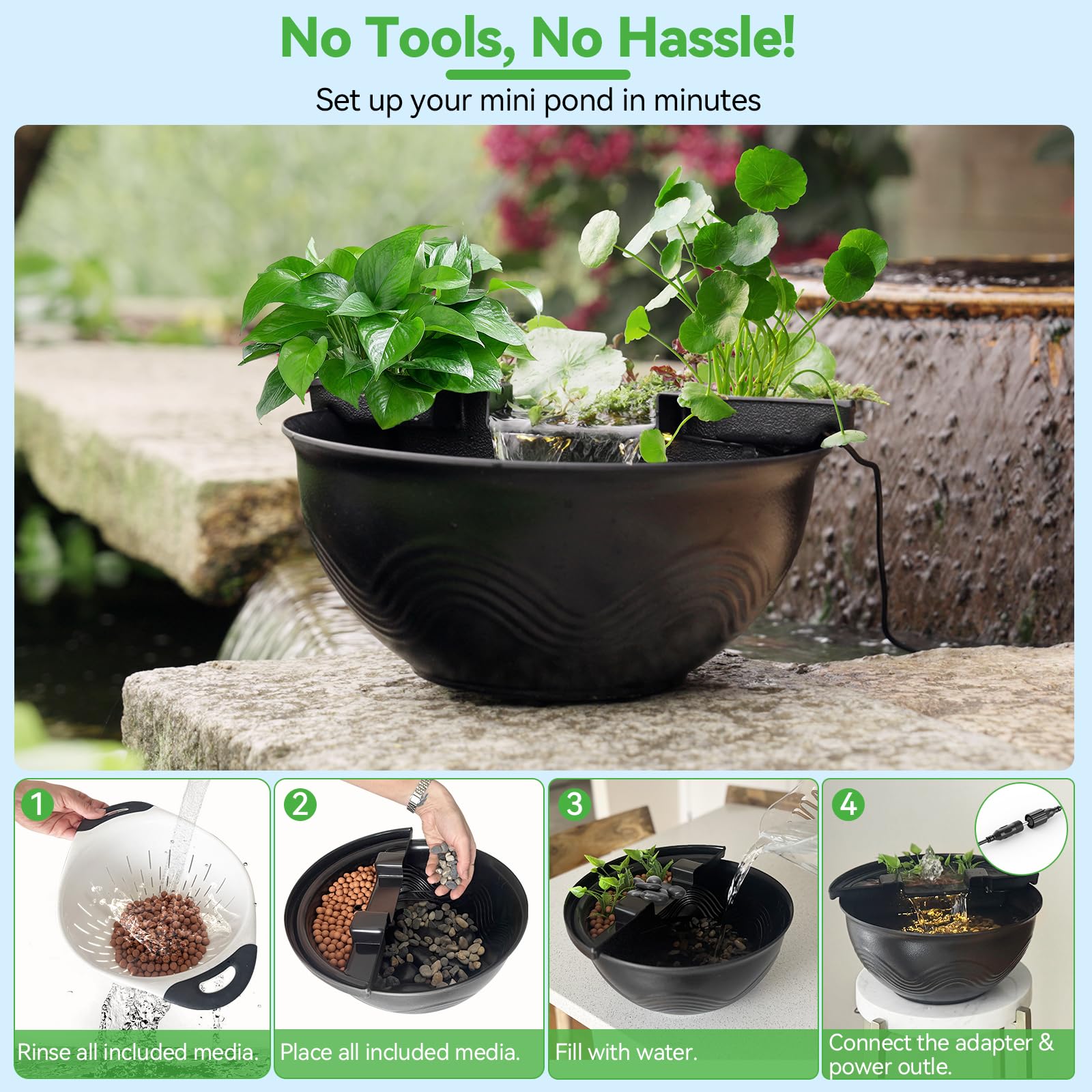 Mini bassin de jardin aquatique avec cascade et éclairage LED 