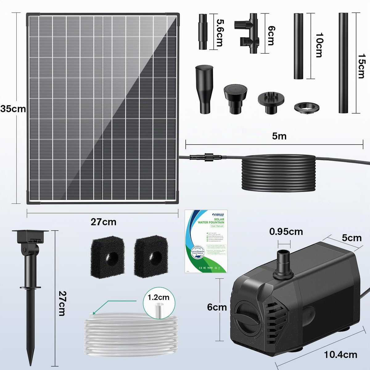 Pompe de fontaine solaire 20 W, 1000 l/h