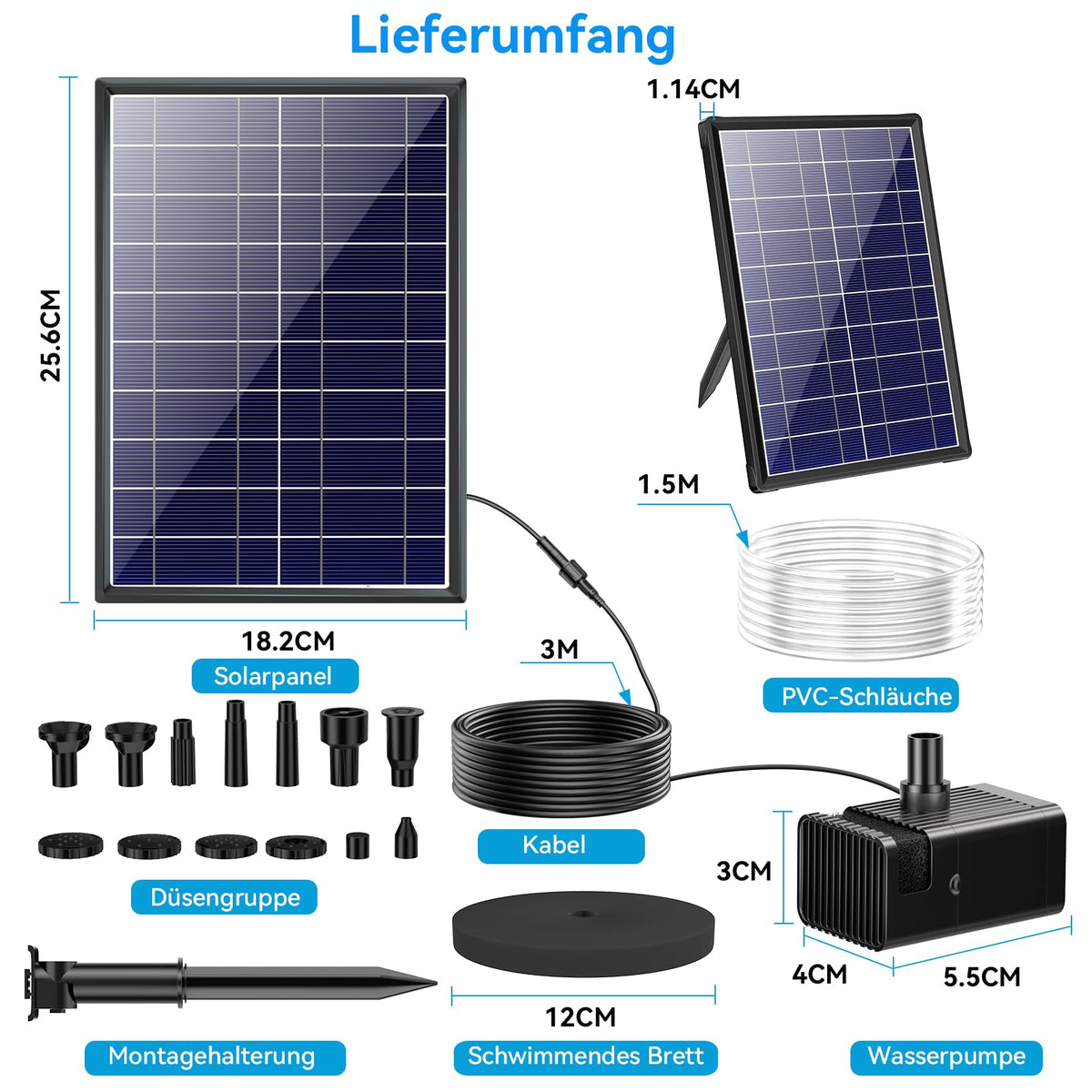 Pompe de fontaine solaire de 8 W pour bain d'oiseaux avec batterie