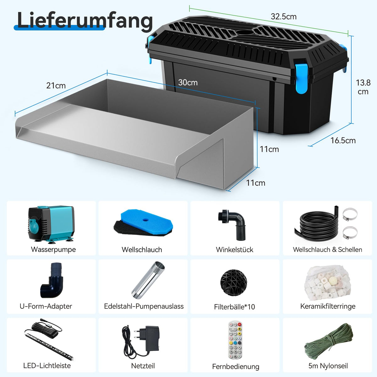 Kit cascade 30 cm pour bassins avec système de filtration à 3 niveaux