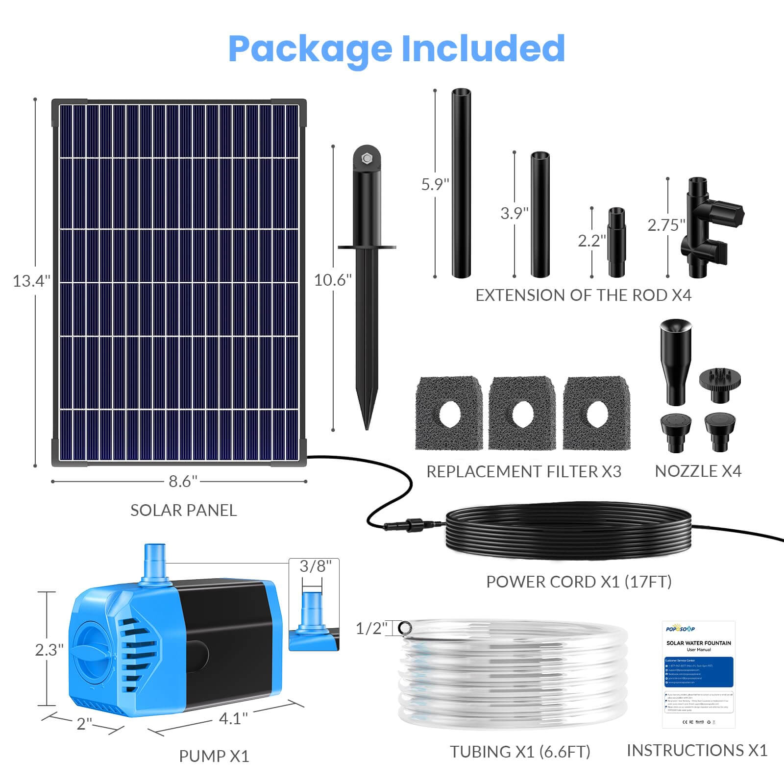 12W 160GPH Solar Water Fountain Pump - Black Panel