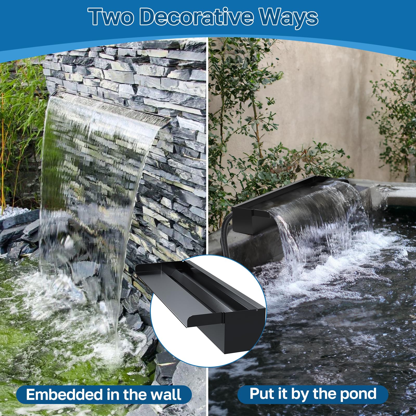 Kit de pompe électrique pour cascade 80 W 1200 GPH avec déversoir de 24 po x 4,3 po