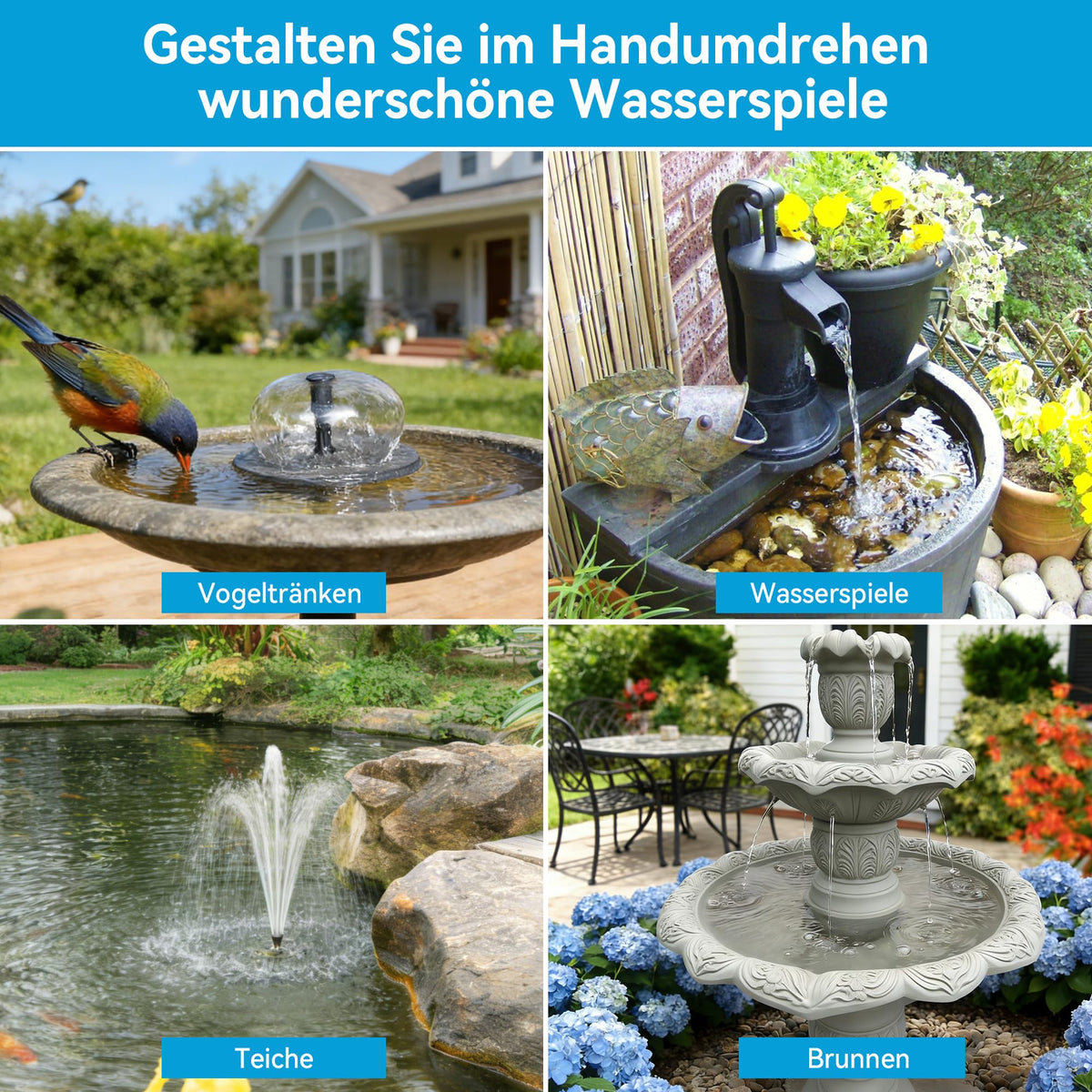 Pompe de fontaine solaire 6,5 W pour bain d'oiseaux avec batterie