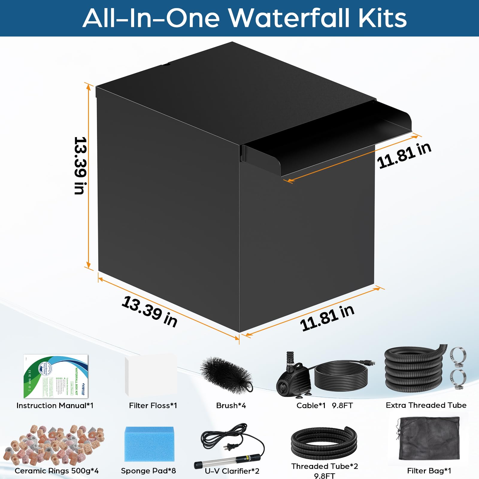 Kit de pompe électrique pour cascade 80 W 1200 GPH avec déversoir de 12" x 13,4" x 13,4"