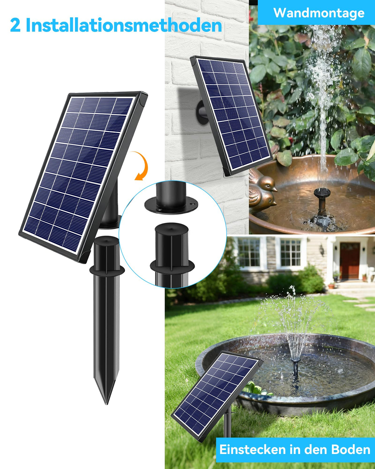 Pompe de fontaine solaire 6,5 W pour bain d'oiseaux avec batterie