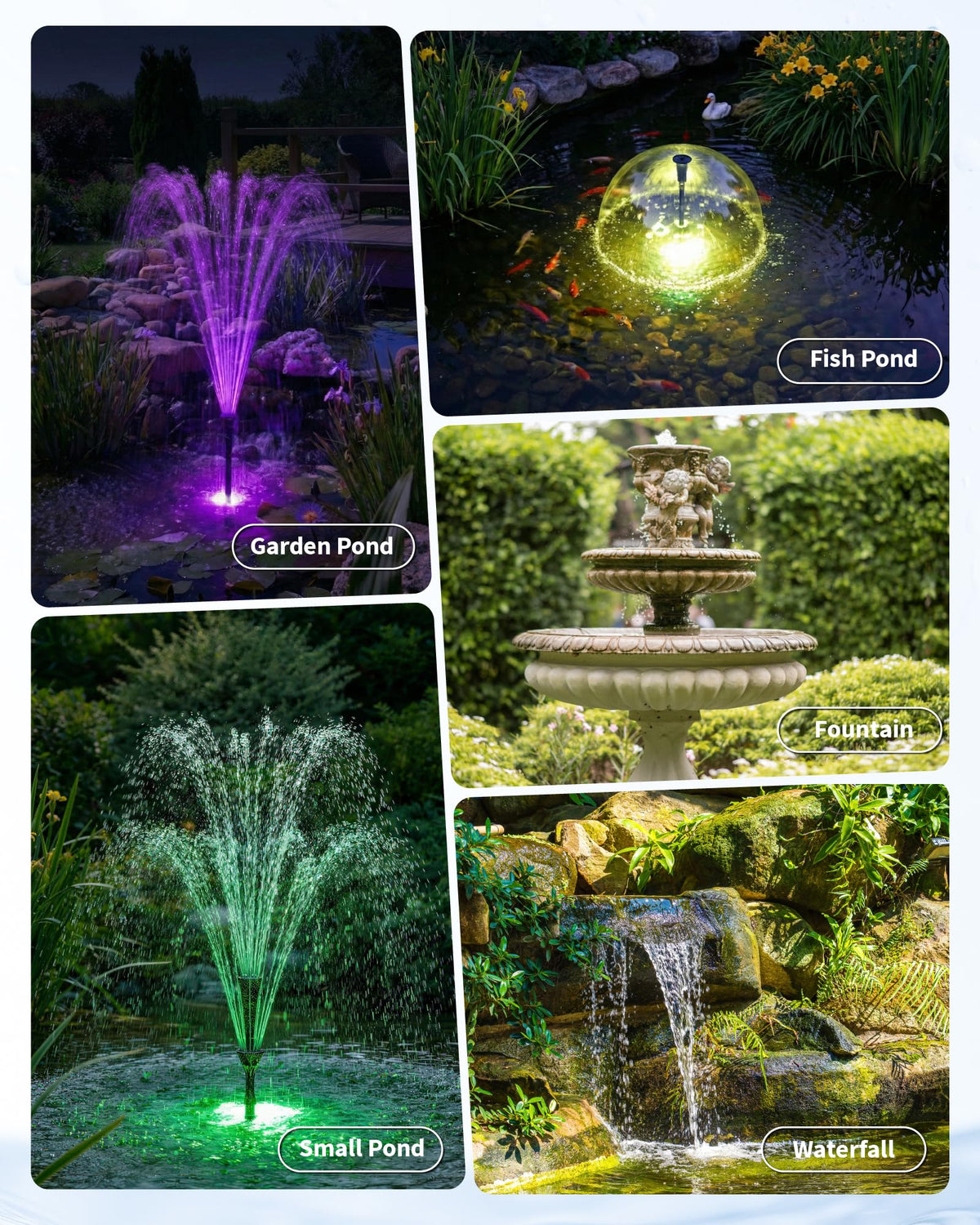 Fontaine de bassin avec éclairage RVB – Débit d'eau de jour comme de nuit