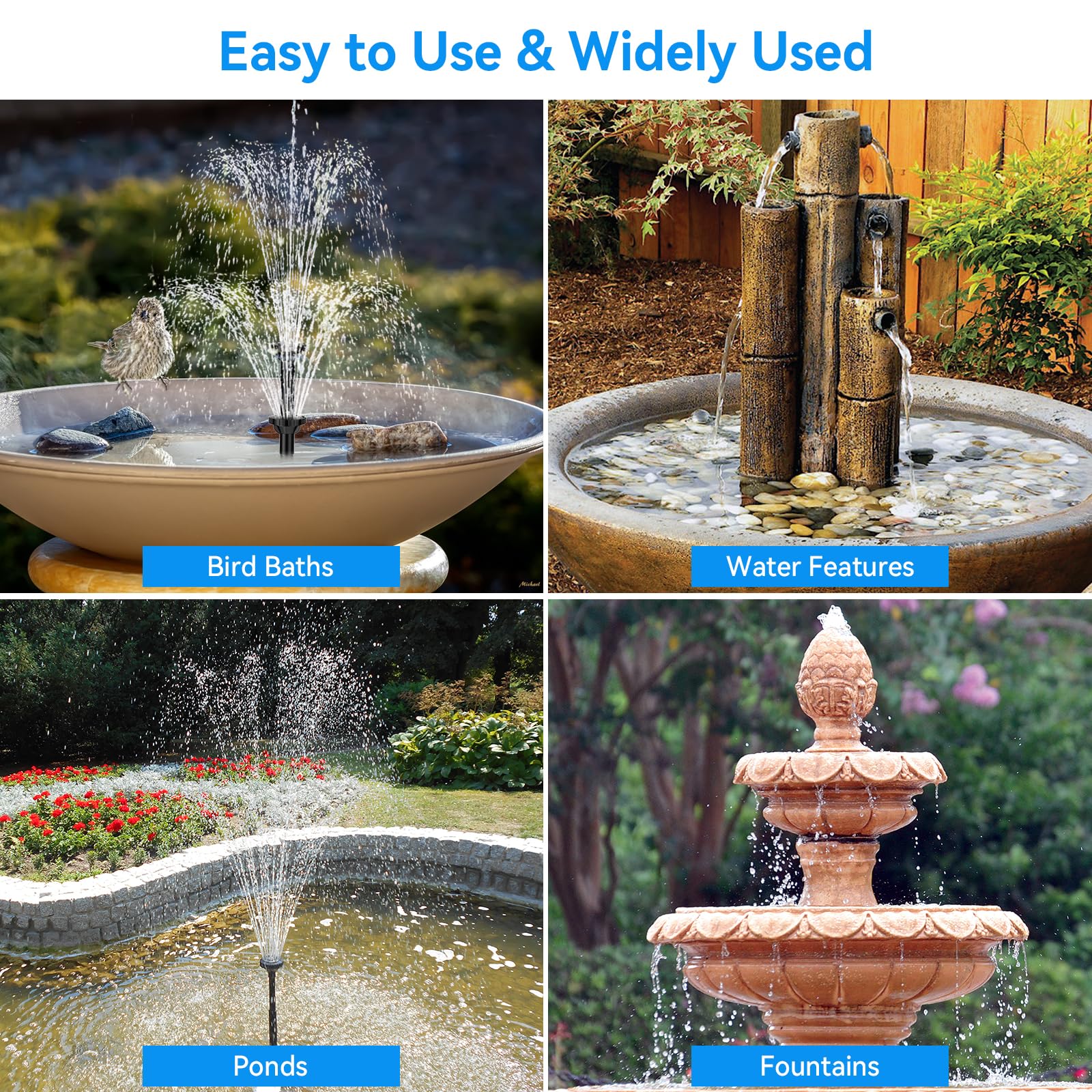 Pompe solaire pour fontaine et bain d'oiseaux 8W 80GPH avec batterie 3000mAh 