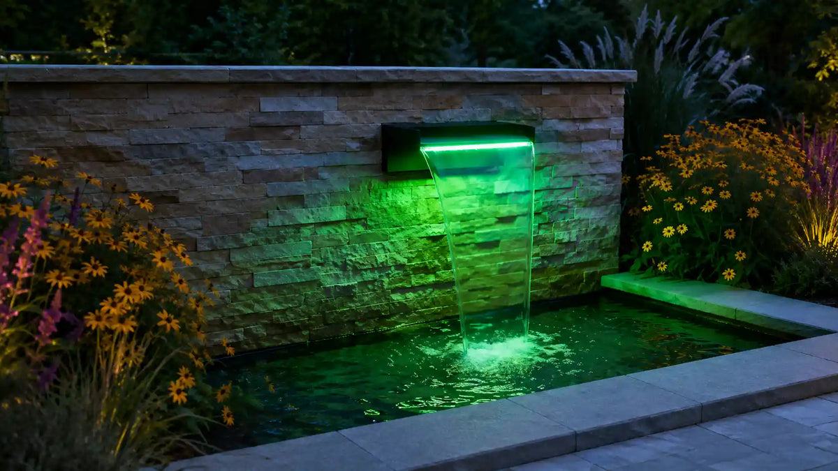 Ideal pump for waterfall in pond, patio waterfall & LED waterfall fountain, supports wall-mounted installation with vivid glowing lighting for premium garden aesthetics.