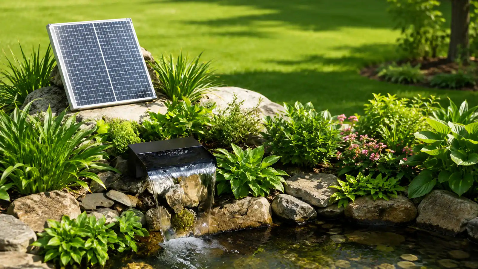 Solar powered waterfall kit with foldable solar panel, ideal for backyard pond landscaping, zero electricity cost.