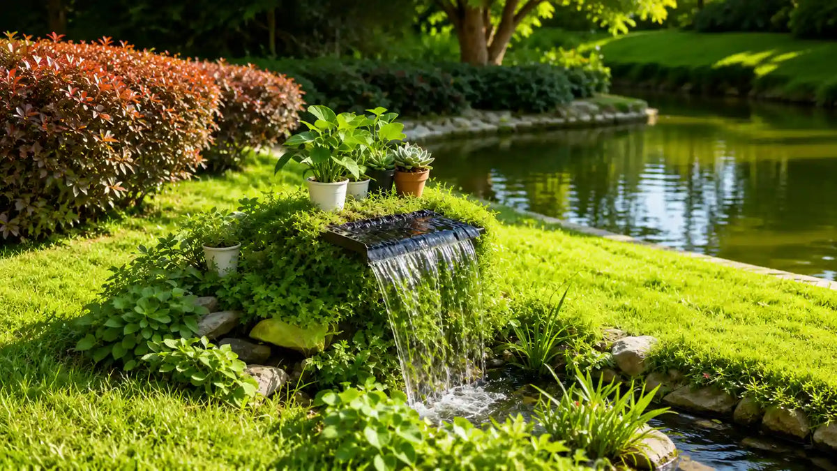 Cascade solaire compacte nichée parmi des plantes vertes luxuriantes et des succulentes en pot, décoration paysagère élégante pour les bassins de terrasse.