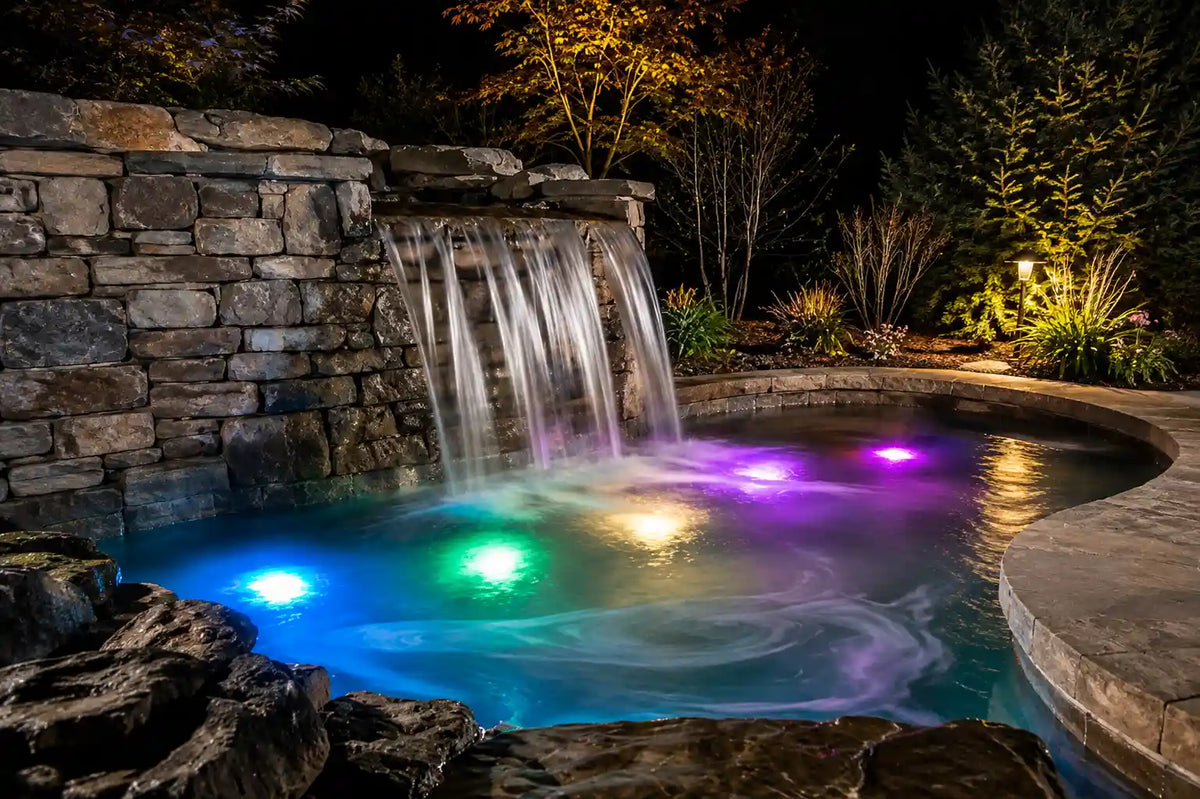 Paysage de cascade avec éclairages immergés