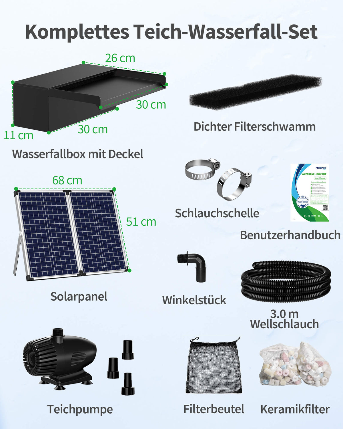 Kit de pompe de fontaine solaire 70 W avec bec verseur de 30 cm