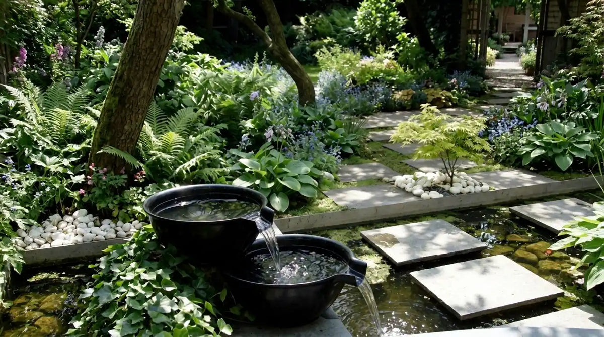 Un bassin à fontaines superposées crée de doux ruisseaux en cascade dans un étang de cour intérieure paisible, agrémenté de sentiers en pierre et d'un riche feuillage de jardin.