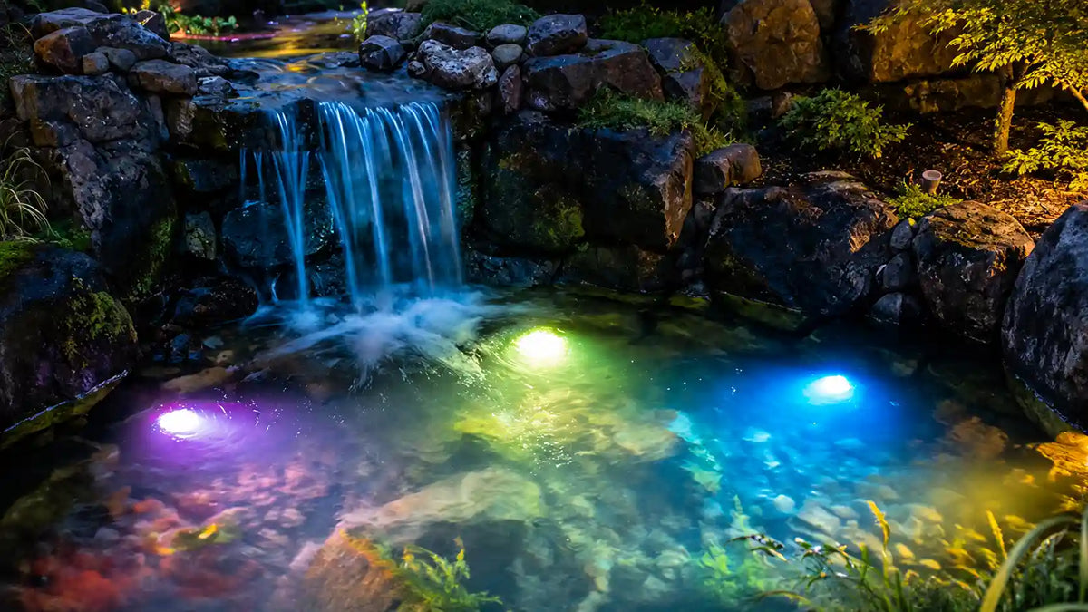 Éclairage LED pour bassin à carpes koï avec cascade